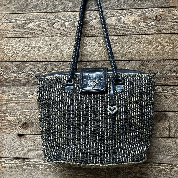 Brighton Woven Straw Tote Bag with Croc-Embossed Leather Trim & Heart Charm - Picture 3 of 12